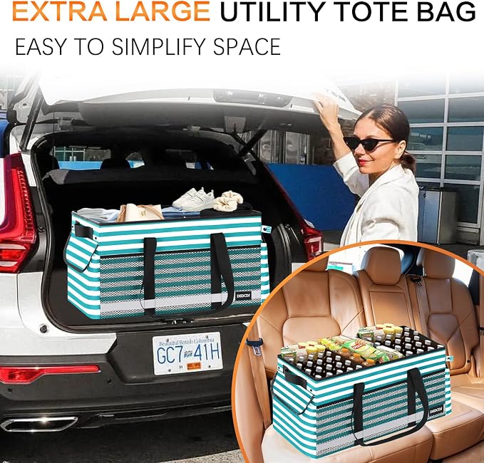 Extra Large Utility Tote Bag with Reflective Strip, Standing Reusable Grocery Bags with Hard Bottom, Collapsible Utility Tote with Handles for Shopping, Beach, Picnics, Car, Striped Green