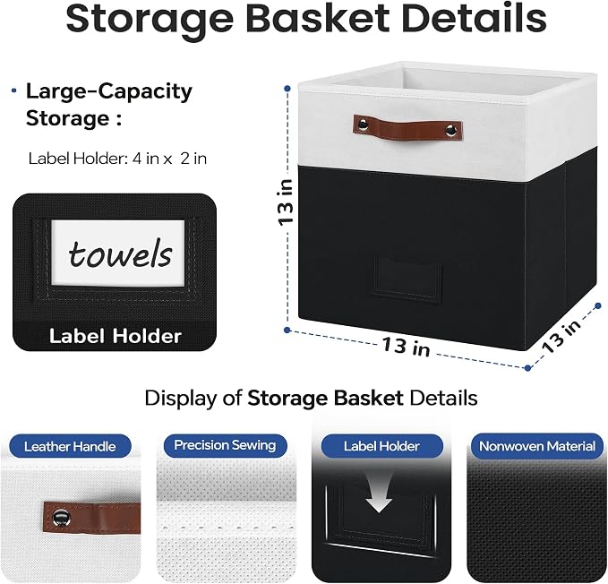 FinishingBo 13 inch Storage Bins with Labels 6 Pack | PU Leather Handles, Foldable Storage Cubes, Storage Baskets, Closet Storage, White/Black