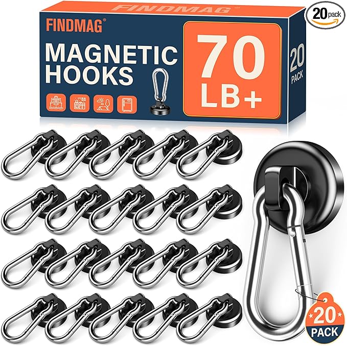 FINDMAG Magnetic Hooks with Swivel Carabiner, Neodymium Magnet Hooks for Hanging, Magnet with Hook for Kitchen, Office, Home, School - Black, 20 Pack