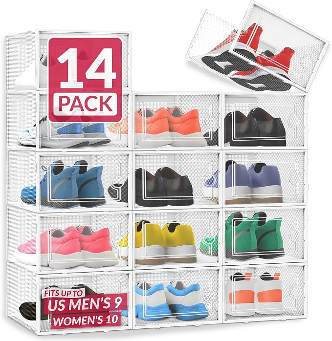 Reli. Shoe Boxes (14 Pack) | Clear Shoe Storage Boxes Stackable and Compact | Lightweight Plastic Storage Box with Ventilation Holes, Swing Door | Interlocking Containers, Stackable Rack | White