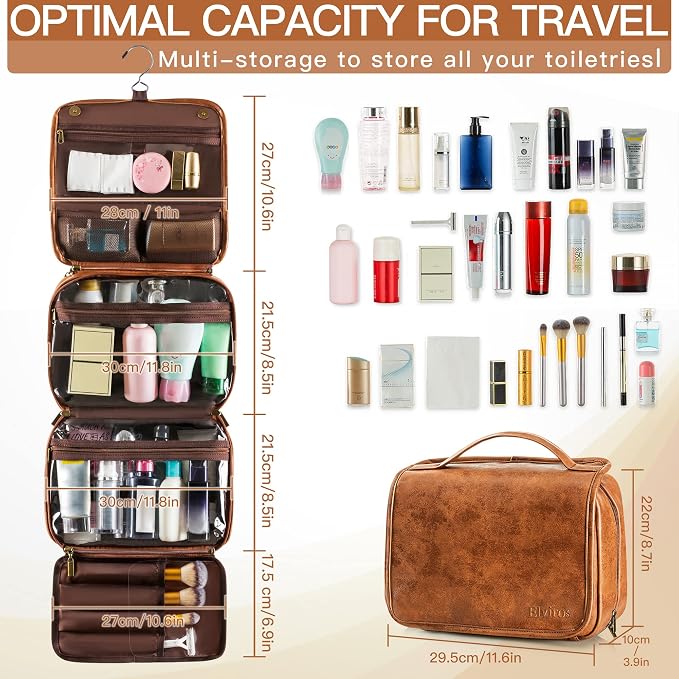 Elviros Hanging Toiletry Bag for Men PU Leather Shaving Dopp Kit (Brown) | 3-in-1 Waterproof Travel Organizer with Separate Compartments for Grooming Items, Toiletries, and Daily Essentials