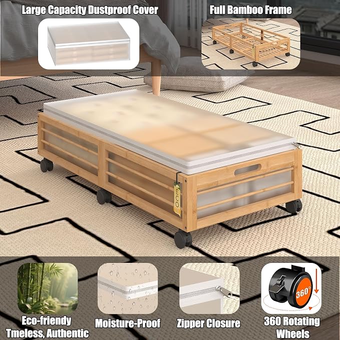 Underbed Storage with Wheels, 2 Pack Bamboo Containers for Shoes & Clothes | Dustproof bags protect contents. Stackable frames save space. 360° wheels provide smooth access to clothes, bedding and toys