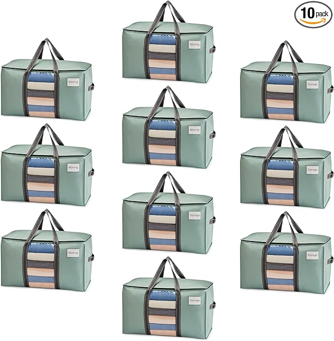 VENO 10 Pack Moving Bags with Clear Window, Heavy Duty Storage Bins with Lid, Around Handles, Tag, Zippers, Extra Large Totes Packing Moving Boxes Supplies for College Dorm Clothes (Light Green)