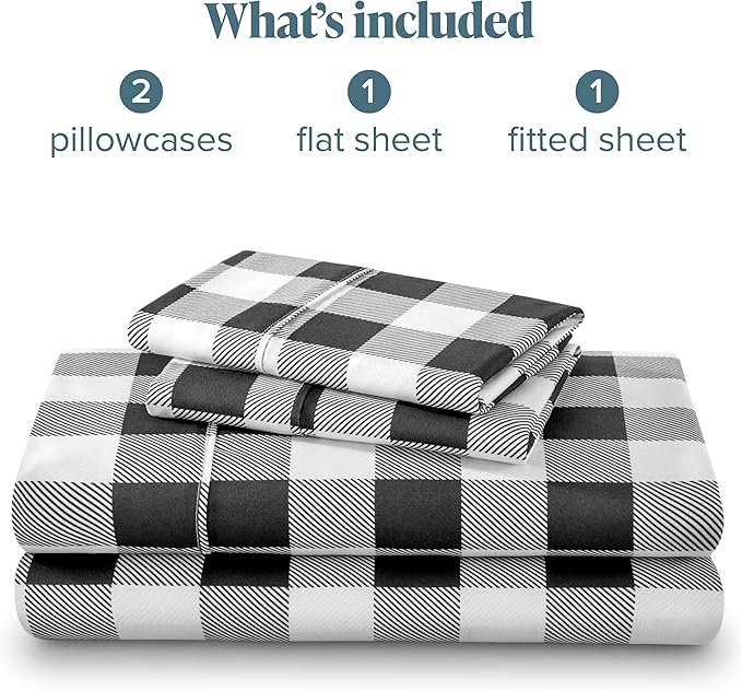 Bare Home California King Sheet Set - 1800 Ultra-Soft Microfiber Cal King Bed Sheets - Double Brushed - Deep Pockets - Easy Fit - 4 Piece Set (California King, Buffalo Plaid - White/Black)