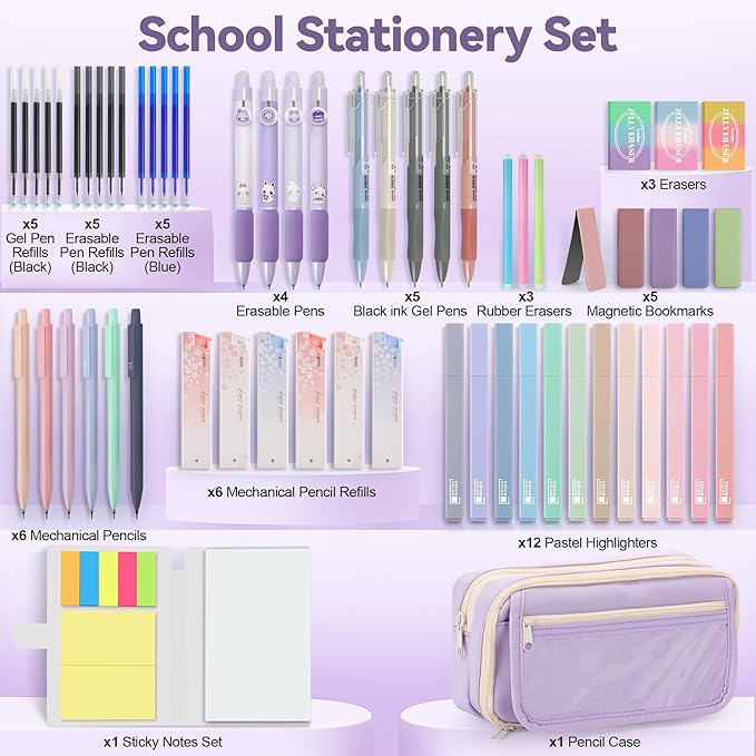 DazSpirit 61 PCS Aesthetic School Supplies with Cute Pen Case, Pastel No Bleed Highlighters, Gel & Erasable Pens, Mechanical Pencils, Refills, Complete Essentials Stationery Kit for Students (Purple)