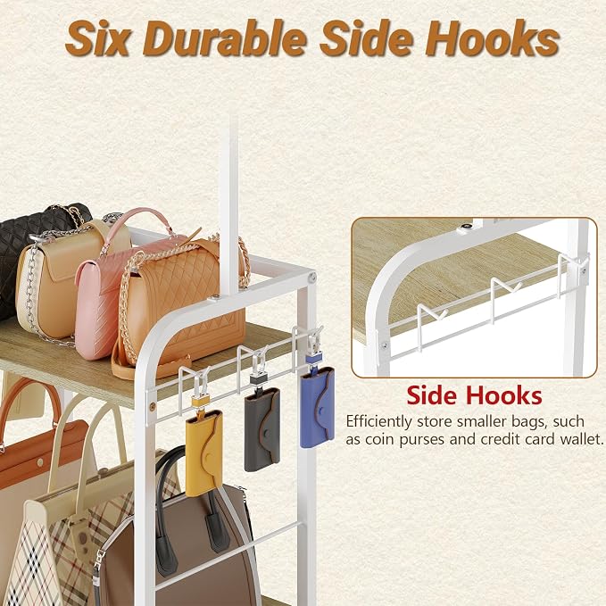 Hayexiha Tall Purse Organizer with Wood Shelves, Heavy Duty Metal Floor-Standing Handbag Storage Rack Stand for Women, Narrow & High-Capacity Bag Hanger Organizer for Closet, Bedroom, Small Space