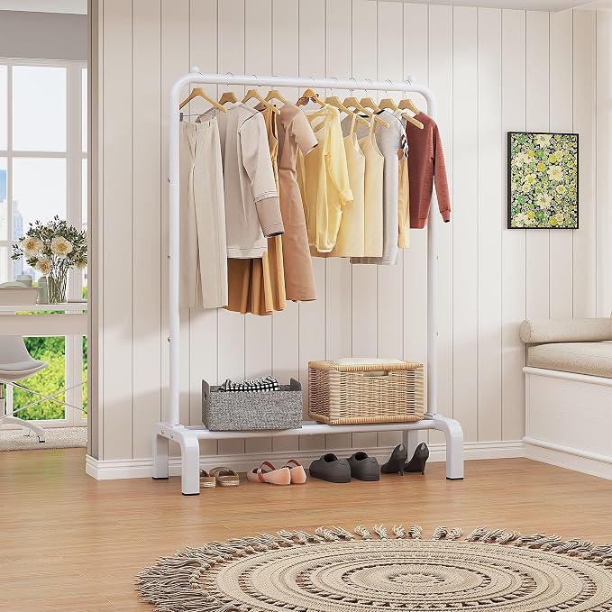 JIUYOTREE Standard Clothes Clothing Garment Rack with Storage Shelves Clothes Organizer for Hanging Clothes Coat Jacket Shirt Sweater Jeans White