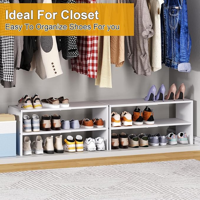 2 Pack White Shoe Rack for Closet, 2-Tier Expandable Small Shoe Shelf, Stackable Iron Wood Combination Shoe Organizer Racks Shelves for Closets, Entryway, Hallway, Garage, Holds 12-24 Pairs