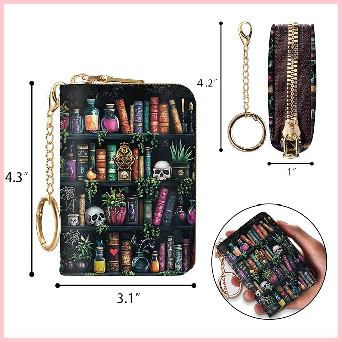 Blusabaca RFID Credit Card Holder Small Women Travel Wallet, Bookshelf Goth | Removable Keychain, Case with Zipper, Vegan PU Leather, Cash Coin Pocket, Business Accordion Purse, Ladies Female Gift