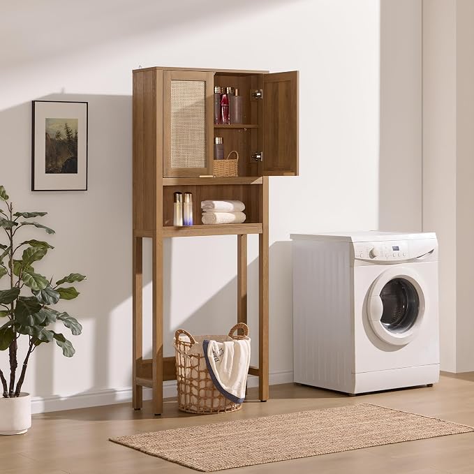 SICOTAS Over the Toilet Storage Cabinet, Rattan Door Bathroom Organizer | Freestanding Bathroom Organizer with Adjustable Shelf, Over Toilet Storage Cabinet for Bathroom, Laundry Room, dnd Restroom