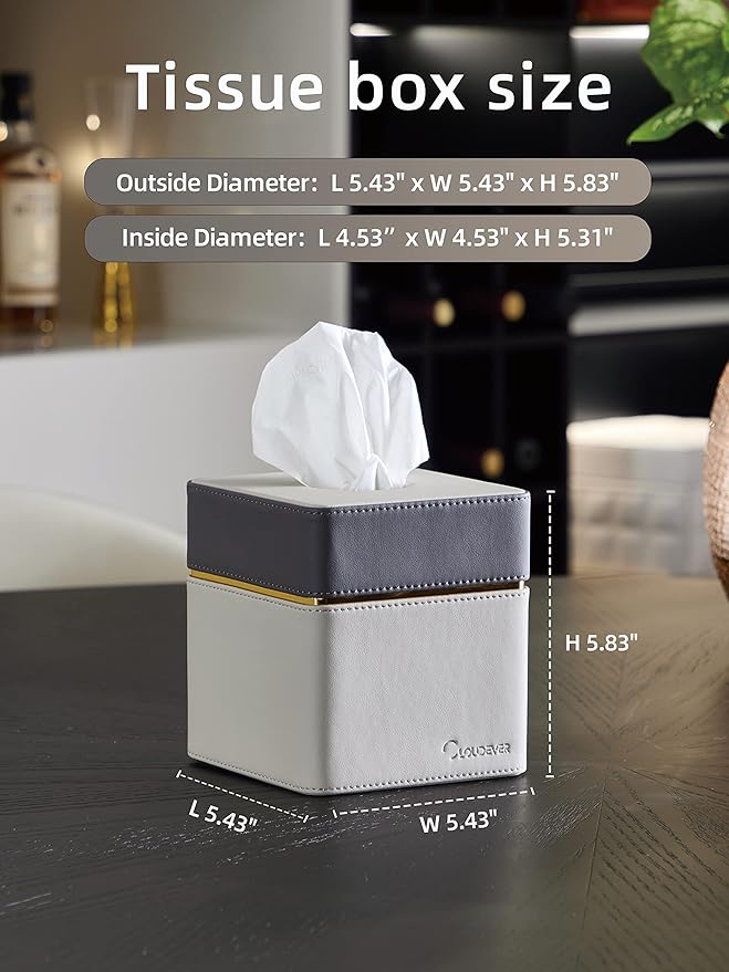 Tissue Box Holder Cover Square, Modern PU Leather Decorative Tissue Cube Holder Organizer - Moon Grey