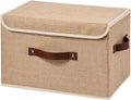 Storage Boxes with Lid Cotton Linen Fabric Storage Bins Organizer Container Decorative Collapsible Washable Shelf Baskets Faux Leather Handles for Home Bedroom Closet (Linen, Large)
