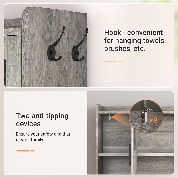 ELYKEN Over The Toilet Storage Cabinet with Pulley Bathroom Storage Cabinet, Home Space-Saving Over Toilet Rack with Glass Doors & Adjustable Open Shelf for Bathroom, Restroom, Laundry, Grey