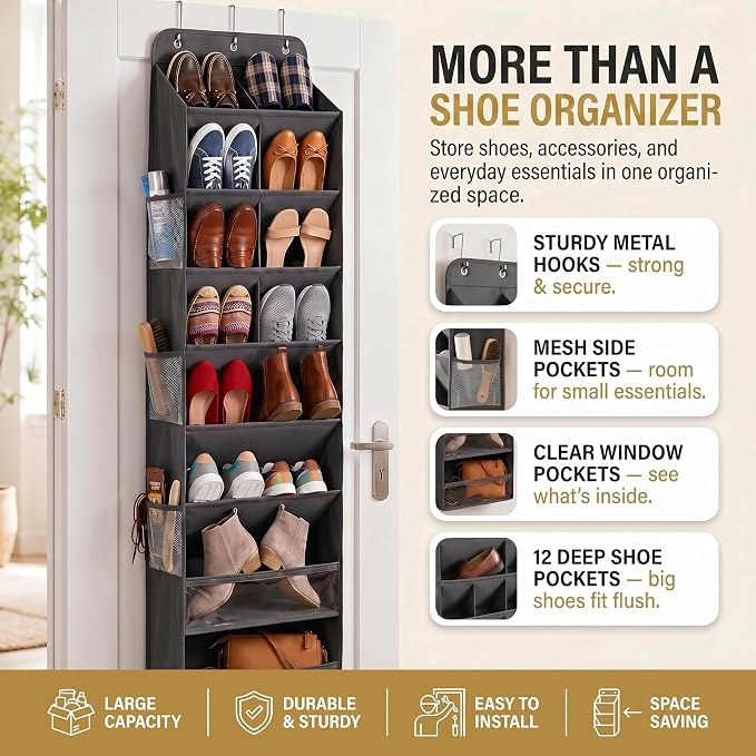 HOMELUX THEORY 8 Tier Hanging Shoe Organizer for Closet, Over the Door Shoe Organizer with Deep 120D Extra Thick Pockets, Shoe Rack for Closet & Entryway, with 6 Side Pockets for Boots (Dark Gray)