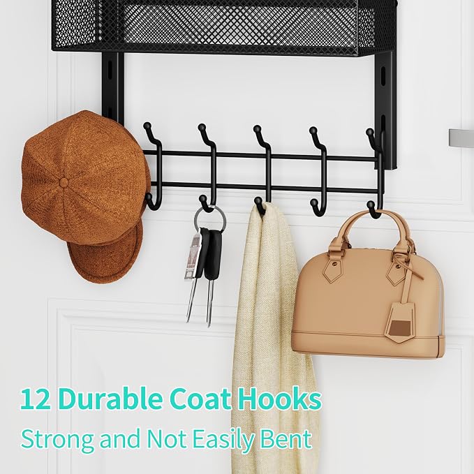HapiRm Over The Door Hanger with Coat Hooks and 3 Baskets, Rustproof Over The Door Hooks, Storage Organizer for Hats, Towels - Black