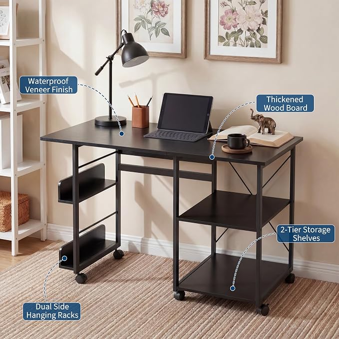 Garvee Folding Desk with Wheels, 31.5" Foldable Computer Desk with Storage Shelf, Space Saving Rolling Home Office Desk for Small Spaces, Portable Writing Table with Side Organizer, Black