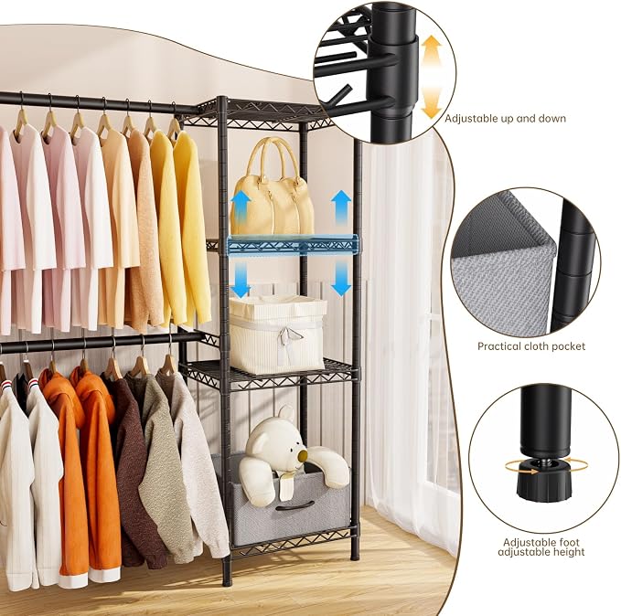 Golpart Heavy Duty Clothing Rack with Adjustable Shelves Clothes Wardrobe | Coat Rack Metal Closet Organizer and Storage Garment Rack for Hanging Clothes Wire Portable Cloth System Free Standing Black
