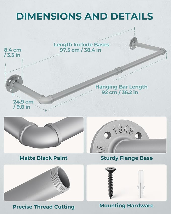 OROPY 38.4" Industrial Pipe Clothes Rack Wall Mounted, Heavy Duty, 2 Pack | Heavy Duty Iron Pipe Clothing Garment Rail, Multi-Purpose Clothing Hanging Rod for Laundry Room and Closet Storage, Gray