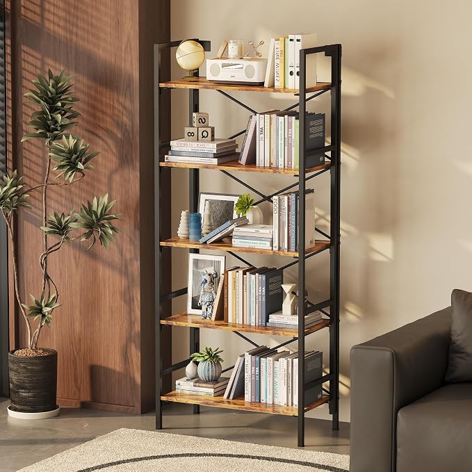 Homeiju Folding Bookshelf,5 Tier Bookcase Foldable Shelf with X-Bracket Design, Adjustable Feet, Space Saving Storage for Living Room, Office, Rustic Brown