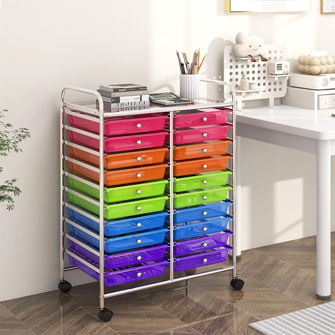 DREAMADE Rolling Cart with Storage Drawers, Utility Cart with Removable Plastic Drawers, Lockable Wheels, Art Cart for Classroom Organization Art Supplies Office Scrapbook (20 Drawers, Rainbow)