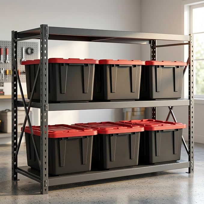 CLMSTE6 Pack Large Storage Bins with Snap Lids, 27 Gallon Black and Red Totes for Garage & Basement, Stackable Heavy Duty Plastic Containers for Home Organization