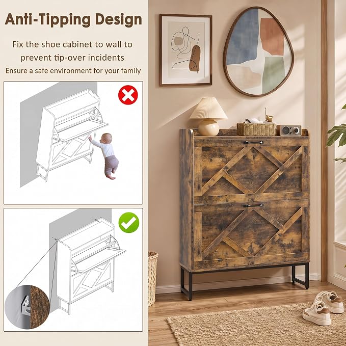 Nicetree Shoe Cabinet Storage for Entryway, Slim Shoe Storage Cabinet with 2 Flip Drawers, Narrow Vertical Shoe Rack Cabinet with Metal Hooks, Small Space Solution for Hallway, Rustic Brown