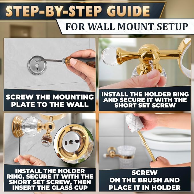Toilet Brush and Holder Set, Wall Mounted, Clear Bowl (Gold Crystal) | Toilet Bowl Brush and Holder Set, Polished Gold Handle, Space-Saving Wall Mount, Stainless Steel Body, for Elegant Bathrooms