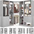Besiost Corner Closet System with 5 Drawers, Closet Organizer System with 15+Shelvess & 4 Hanging Rods, 63.2"L * 63.2"W / 87.2"L * 39.2"W Reversible L Shaped Walk-in Closets, Load 2500+LBS, Grey