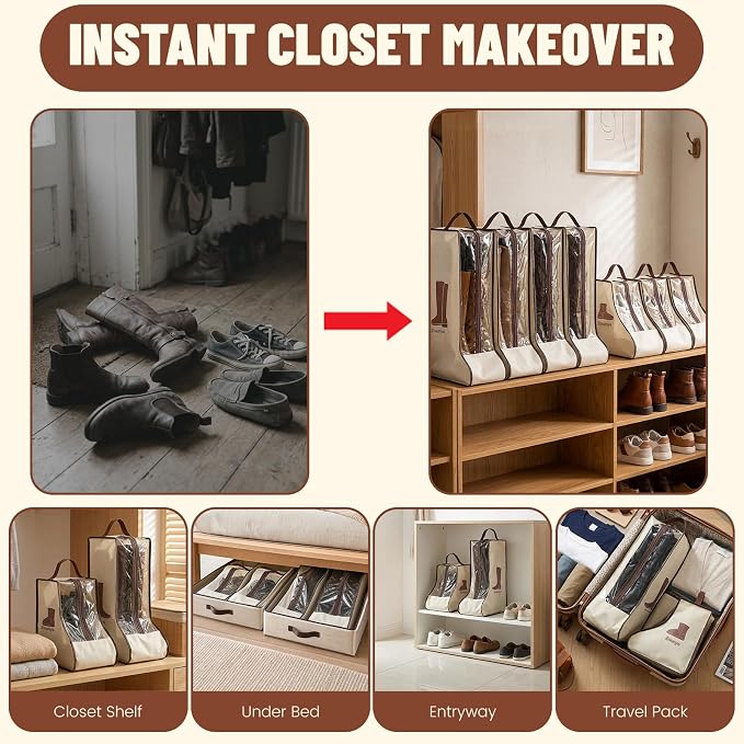 Boot Bags for Cowboy Boots, Boot Storage Organizer for Tall Boots, Cowboy Boot Storage with Clear Bag (2, Beige and Brown 1)