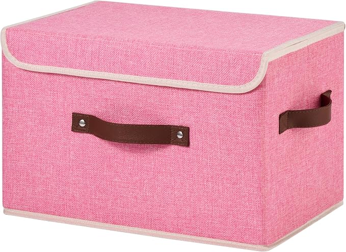 Storage Bins Box with Lids Decorative Cotton Linen Fabric Baskets Cubes with Handles PP Plastic Board Foldable Washable Lidded Clothing Shelf Closet Organizer Container (Pink, Large)