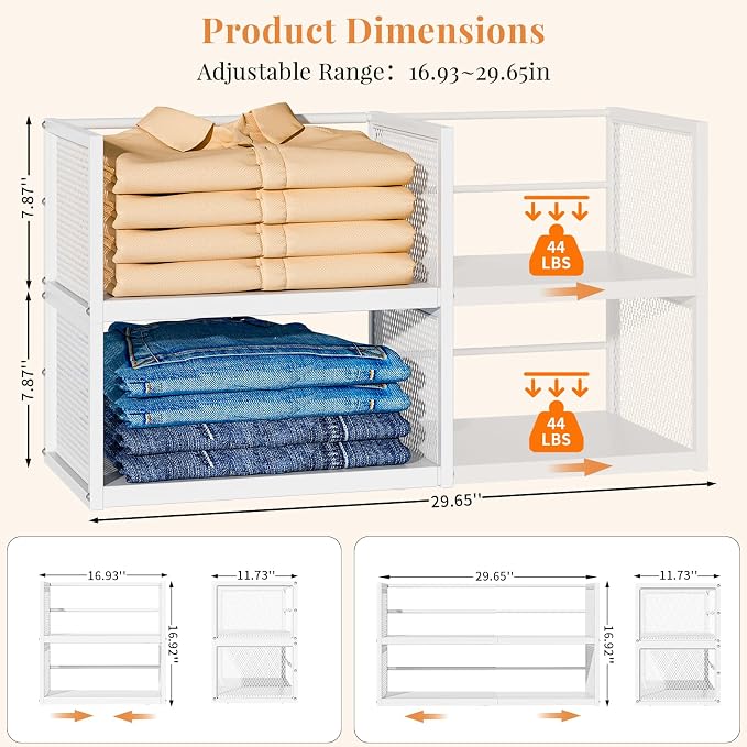 Expandable Closet Organizers and Storage, 2 Pack Stackable Closet Shelves, Metal Clothes Sweater Shelf Organizer for Closet, Multifunctional Storage Basket for Office Bathroom Bedroom Dressing, White