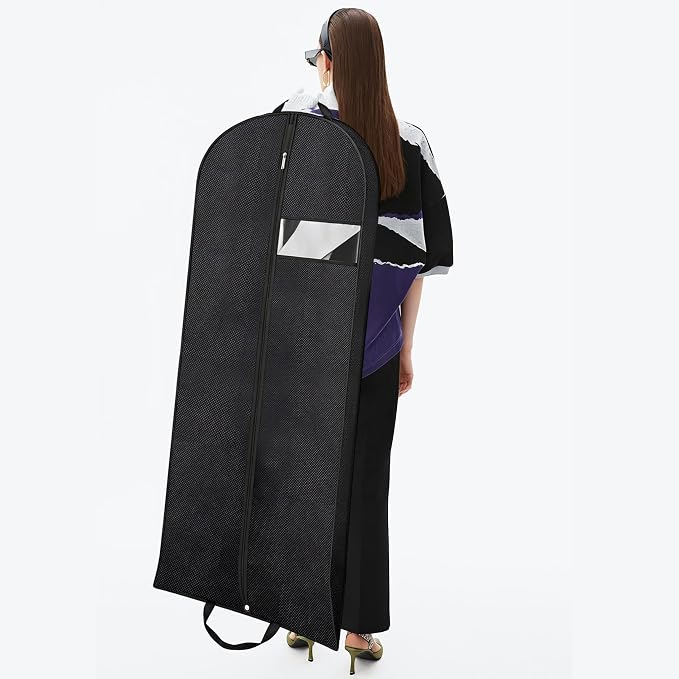 Gusseted Dress Bags for Gowns Long, 65'' Garment Bags for Hanging Clothes, Suit Bag Cover for Storage and Travel (Black)