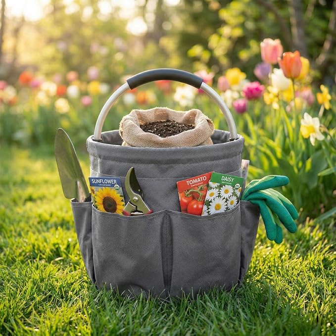 Foldable Cleaning Caddy with Handle 17L Large Cleaning Supplies Organizer 600D Oxford Portable Bucket Basket with 6 Pockets for Home Bathroom Garden Garage - Gray