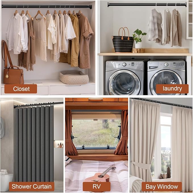 Closet Rods for Hanging Clothes, 17-70 Inch Stepless Adjustable Closet Rod, 1.3 Inch Heavy Duty Metal Clothes Hanging Rod, Expandable Closet Bar Hanger Rod Black for Closet Wardrobes Laundry RV