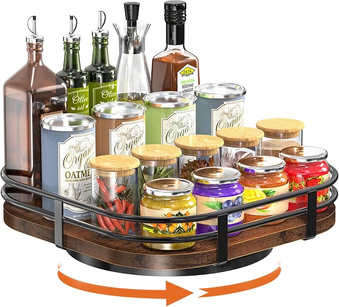 12" Large Lazy Susan Turntable Organizer - Rotating Spice Rack for Table Top, Wood Spice Cabinet Organizer for Pantry Kitchen Countertop Coffee Bar Cupboard Bathroom Vanity Storage