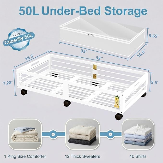 Underbed Storage with Wheels, 2 Pack Bamboo Containers for Shoes & Clothes | Dustproof bags protect contents. Stackable frames save space. 360° wheels provide smooth access to clothes, bedding and toys
