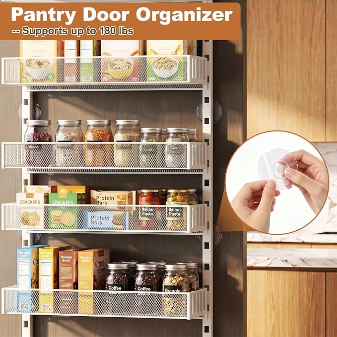 Over the Door Pantry Organizer, 8-Tier Heavy-Duty Door Spice Rack with Mesh Baskets, Height Adjustable & Anti-Swing Design, Pantry Door Organizers and Storage for Kitchen, Bathroom