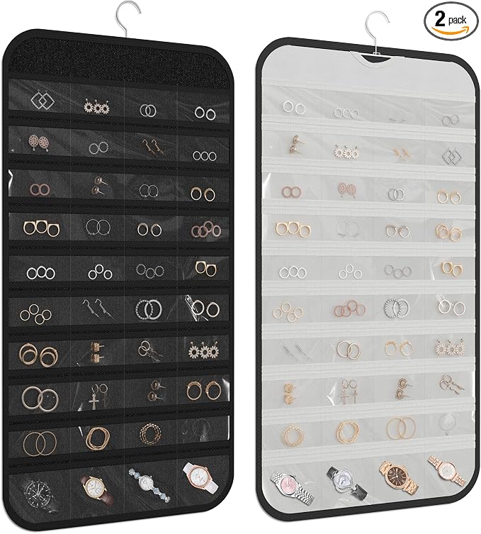 Hanging Jewelry Organizer, 80-Pocket Double-Sided, 2-Pack, Black and White | Foldable clear PVC 80-pocket storage; swivel hook fits walls, doors & rods to organize earrings, necklaces, bracelets & rings