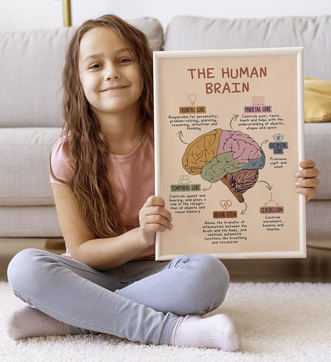 LOLUIS Mental Health Poster, Boho Therapy Tools Educational Supplies Art Print Classroom School Office Decor (The Human Brain, Custom Frame Type)