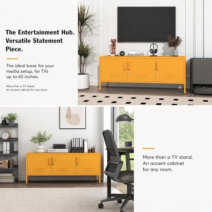 Metal Storage Cabinet with Adjustable Shelves Lockable TV Stand Home Tool Metal Cabinet Easy Assembly Yellow 22" H X 47.3" W X 13.8" D