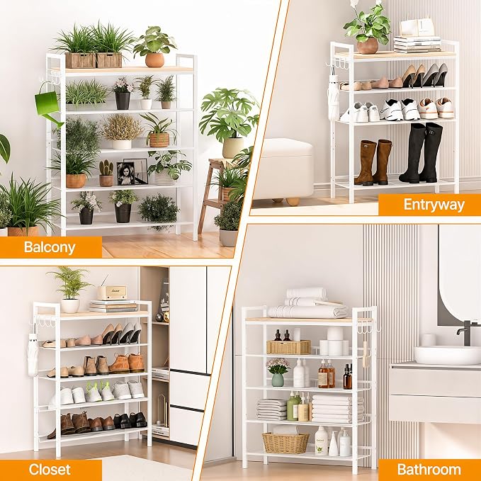 5 Tier Shoe Rack, Shoe Rack for Entryway with Hook, Shoe Organizer with Adjustable Mesh Shelves, Metal Shoe Storage, Closet, Bedroom Living Room Garage