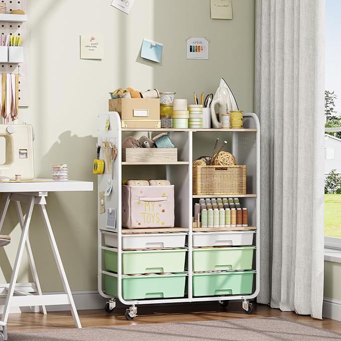 6-Drawer Rolling Storage Cabinet with Wooden Top & Pegboards，Utility Craft Cart with 2 Adjustable Shelves and Lockable Wheels,Mobile Organizer for School Dorm,Classroom,Artroom,Craftroom (Green)