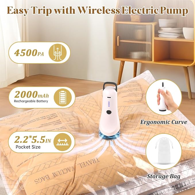 Vacuum Bags for Travel with Cordless Pump, Reusable Vacuum Seal Bags for Clothing Travel, 4500Pa Suction, Space Saver Bags for Home Carry-on Luggage Suitcase, Travel Essentials, 15 Pack