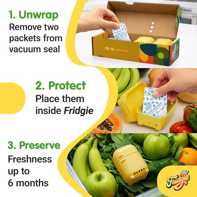 Fridgie Produce Saver, Ethylene Gas Absorber, Fresh Fruit Saver - Yellow | 4 refill packets, lasts up to 1 year, slows ripening, reduces food waste, crisper drawer, saves lettuce, greens, herbs