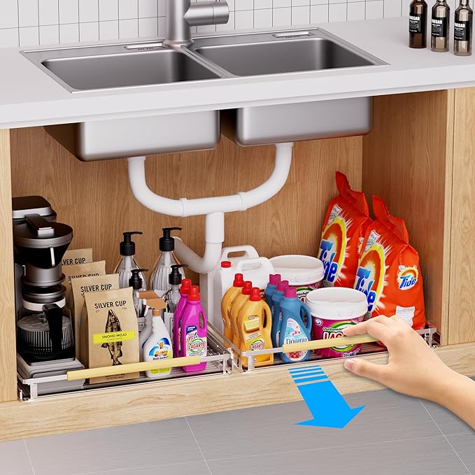 Expandable Pull Out Drawer Cabinet Organizer, Adjustable Width Bottom-Mounted Slide Out Storage Shelves for Cabinets (1, L - Cabinet Size (14.86"~25.86", D≥22.5"))