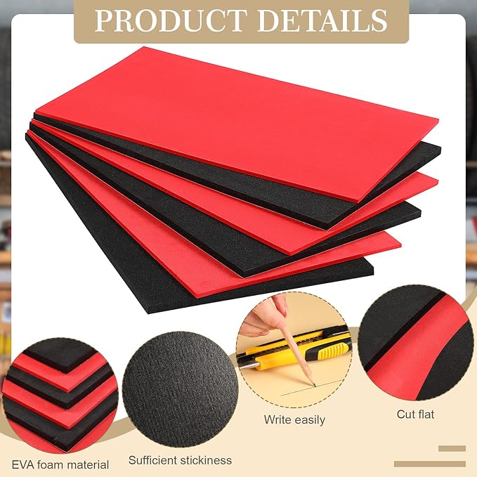Sumind 3 Sets 12 x 24 Inch Tool Box Foam Organizers Liner Adjustable Inserts Foam Non Slip Liner Mat for Tool Box, Cabinet and Chest Drawers, Black Top and Red Bottom