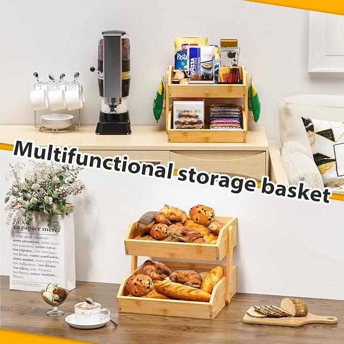 Gmtsl Bamboo Fruit Basket for Kitchen, Fruit Holder for Kitchen Countertop | 2 Tier Fruit bowl for Kitchen Counter, Fruit Stand, Vegetable Basket Storage, Produce Organizer, Bread Snack Display(BAMBOO)