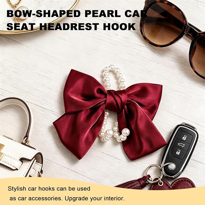 2 PCS Bow Pearl Car Seat Headrest Hook, Auto Rear Seat Hanging Organizer Elegant Pearl Decoration, Cute Bow Vehicle Interior Seatback Storage Hooks for Handbags Purses Groceries (Red)
