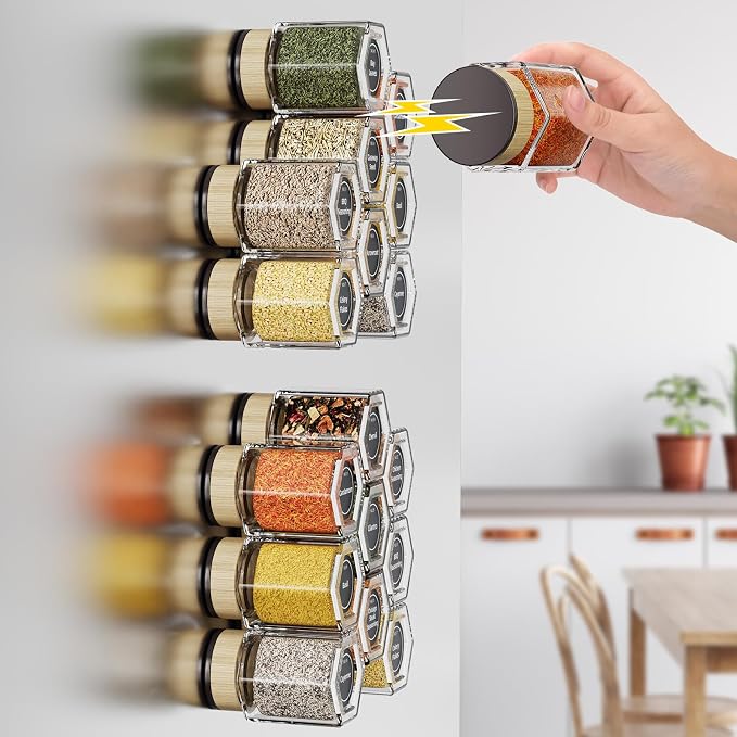Vetacsion Set of 18 Magnetic Glass Spice Tins with 100 Preprinted Seasoning Label Stickers (Include Black Metal Wall-Plates)