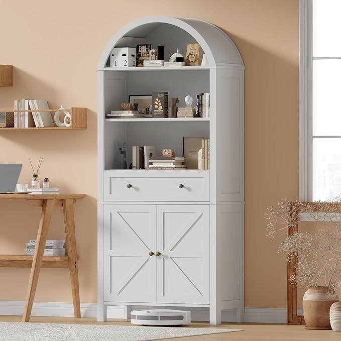 71" Tall Arched Bookshelf, 5-Tier Bookcase with Drawer, Farmhouse Storage Book Shelf with Open Shelves for Living Room, Dining Room, White